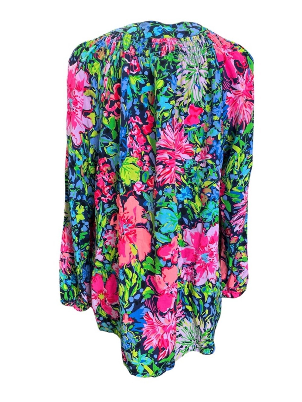 Lilly Pulitzer 100% Silk Floral Tunic Blouse XL Pink Navy Resort Tropical Top - Picture 5 of 9